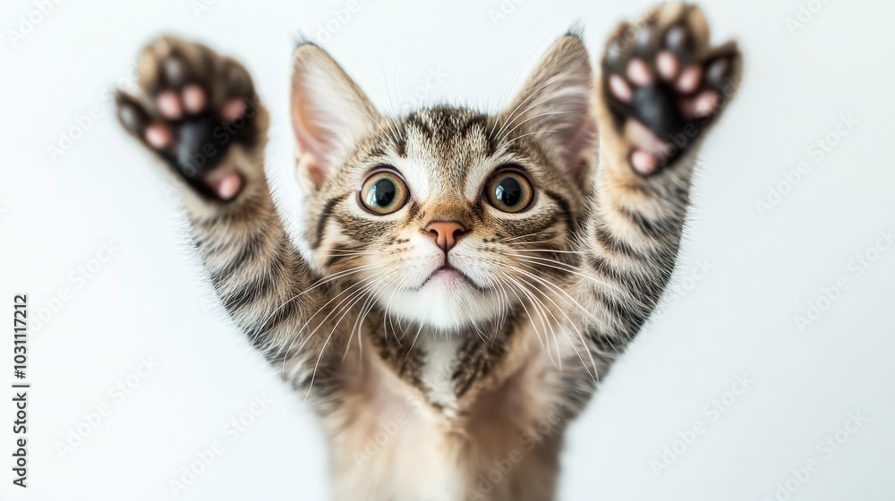Fototapeta premium Hyperealistic Polydactyl Cat Leaping in Air on White Background - High-Quality Studio Photography with Dramatic Lighting and High Contrast