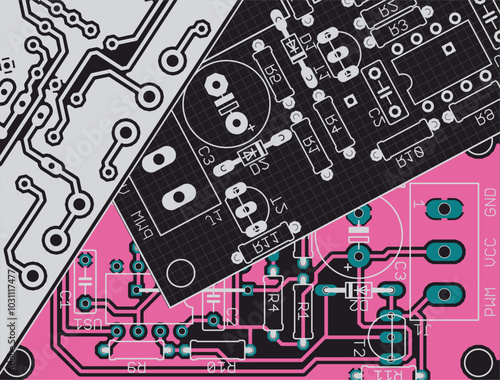Electric background. Vector pcb pattern. 
Printed circuit board of electronic 
device with components of radio elements,
conductors, contact pads. 
Engineering computer technic cad drawing with grid.