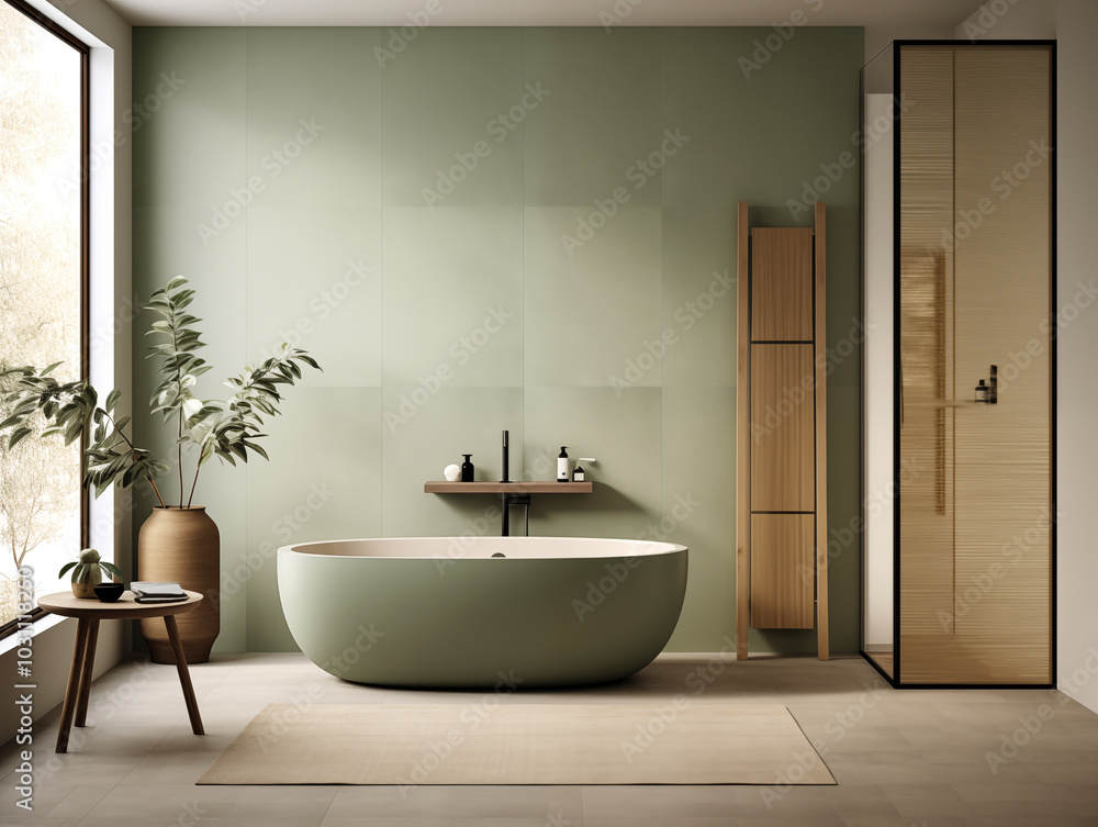 Simple minimalist wabi sabi bathroom in sage and neutral colors. Concrete rustic wall and minimalist bath. Clean look bathroom. Simple minimalist wabi sabi bathroom in sage and neutral colors. Concrete rustic wall and minimalist bath. Clean look bathroom.