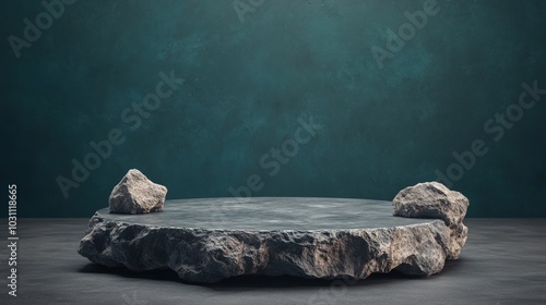 A circular stone platform with two rocks on either side against a teal wall.