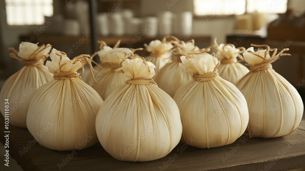 Obraz premium Mexican 'Tamales' for New Year's Eve, traditional corn dough stuffed with meat, wrapped in corn husks