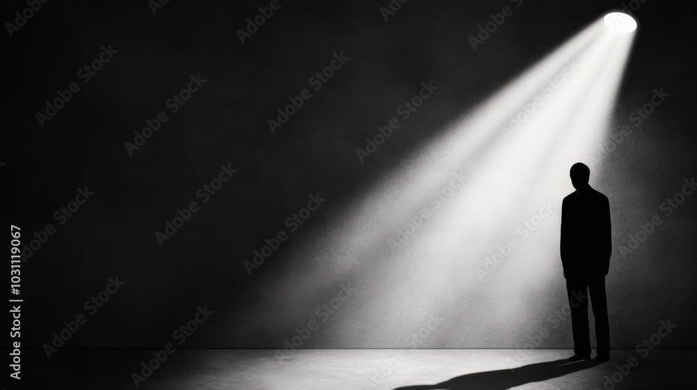 A solitary figure stands under a spotlight, casting a long shadow on a dark stage, AI A solitary figure stands under a spotlight, casting a long shadow on a dark stage, AI