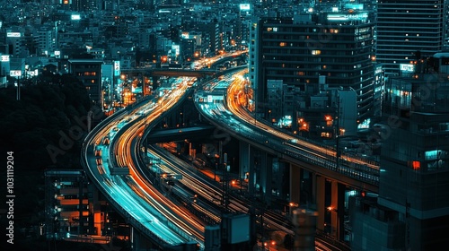 A bird's eye view of a highway with traffic streaks at night in a modern city.