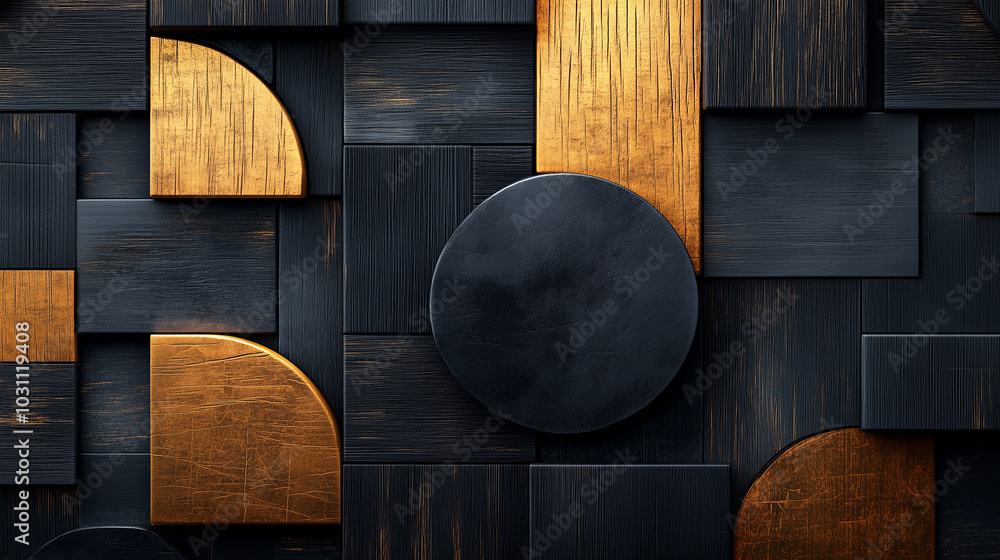 A black and gold wall made of wood blocks A black and gold wall made of wood blocks