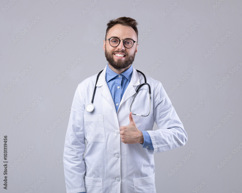Positive Caucasian male doctor in lab coat showing thumb up gesture over grey studio background. Professional physician recommending medical clinic or service. Healthcare concept Positive Caucasian male doctor in lab coat showing thumb up gesture over grey studio background. Professional physician recommending medical clinic or service. Healthcare concept