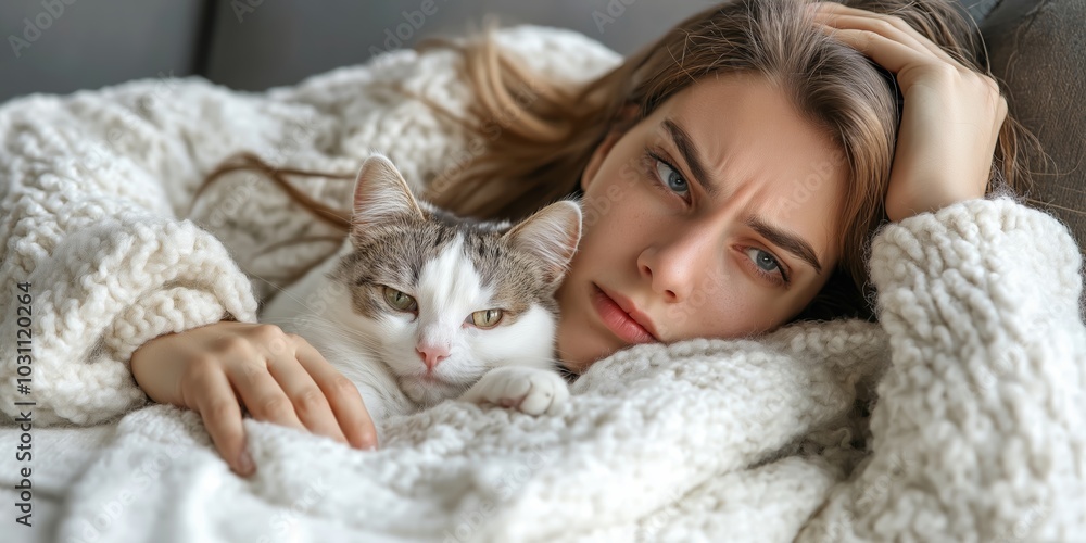 A person rests on a sofa with a small cat curled up on their lap, displaying a cozy setting despite the person's expression of discomfort A person rests on a sofa with a small cat curled up on their lap, displaying a cozy setting despite the person's expression of discomfort