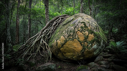 A large moss-covered boulder sits in a dense forest, with thick tree roots wrapping around it, demonstrating the power of nature.