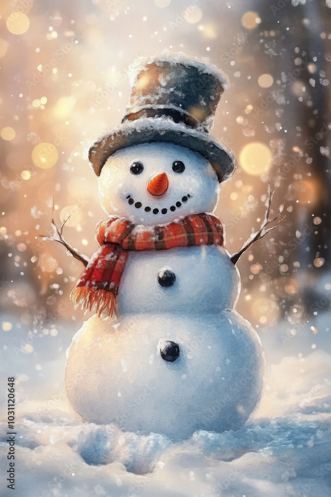 A snowman with a hat and carrot nose stands in the snow. The snow is falling around him, creating a peaceful and serene atmosphere
A snowman with a hat and carrot nose stands in the snow. The snow is falling around him, creating a peaceful and serene atmosphere
