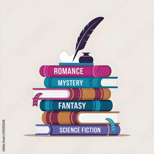 a stack of colorful books representing different literary genres. From top to bottom,the books are labeled 