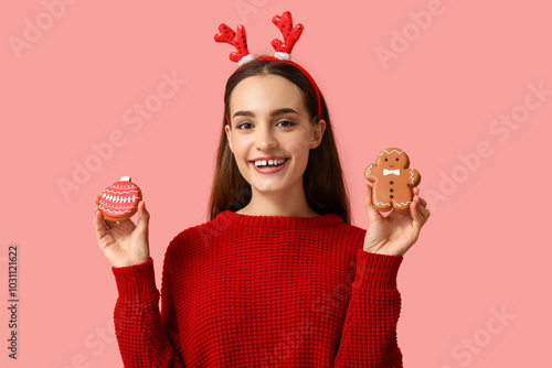 Smiling young woman in red ...