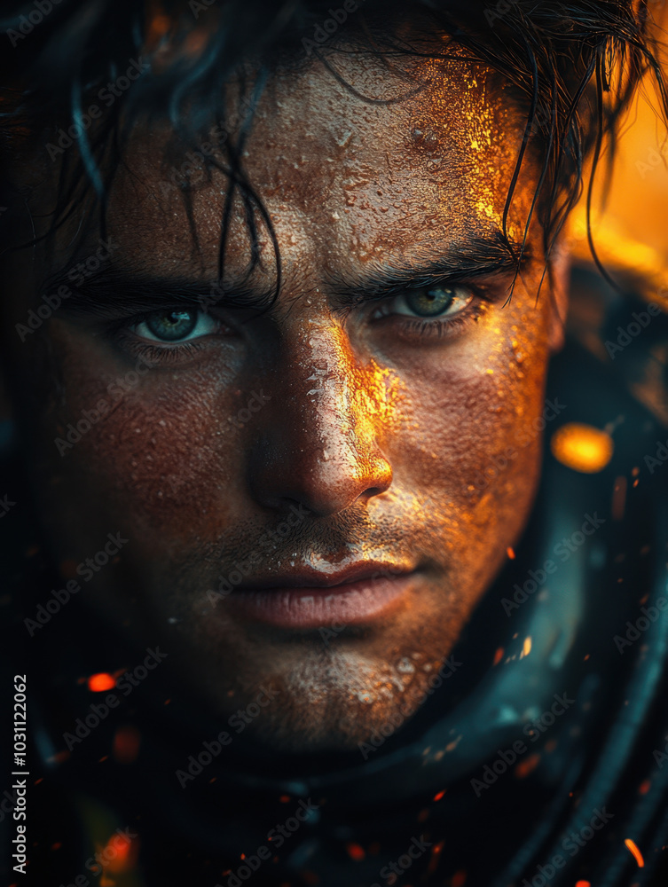 Sweaty Firefighter with Intense Gaze
Sweaty Firefighter with Intense Gaze