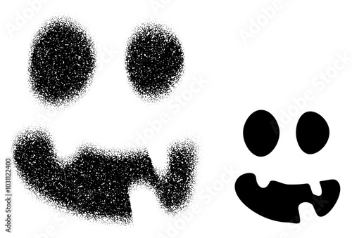 A quirky skull face with uneven eyes and a jagged mouth, created in both dot art and solid styles. Vector illustration.