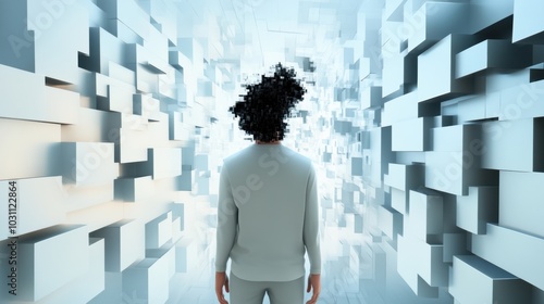 A person stands in a futuristic corridor with pixelated head, surrounded by white cubes, AI photo