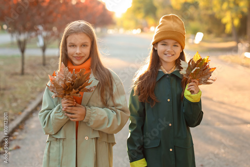 Cute girls with leaves in p...
