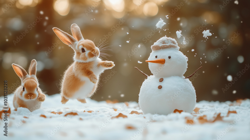 small, cute, funny rabbits playing and hopping in the snow with a snowman in an outdoor forest, in wildlife and nature during the winter season