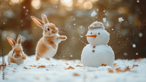 Obraz na płótnie small, cute, funny rabbits playing and hopping in the snow with a snowman in an outdoor forest, in wildlife and nature during the winter season w salonie