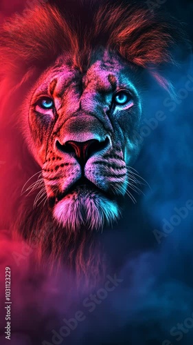 Portrait of a lion in neon lighting