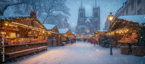 Christmas market under the snow in France in Strasbourg Alsace
