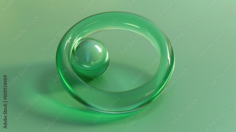 Three dimensional render of small sphere inside green ring Three dimensional render of small sphere inside green ring