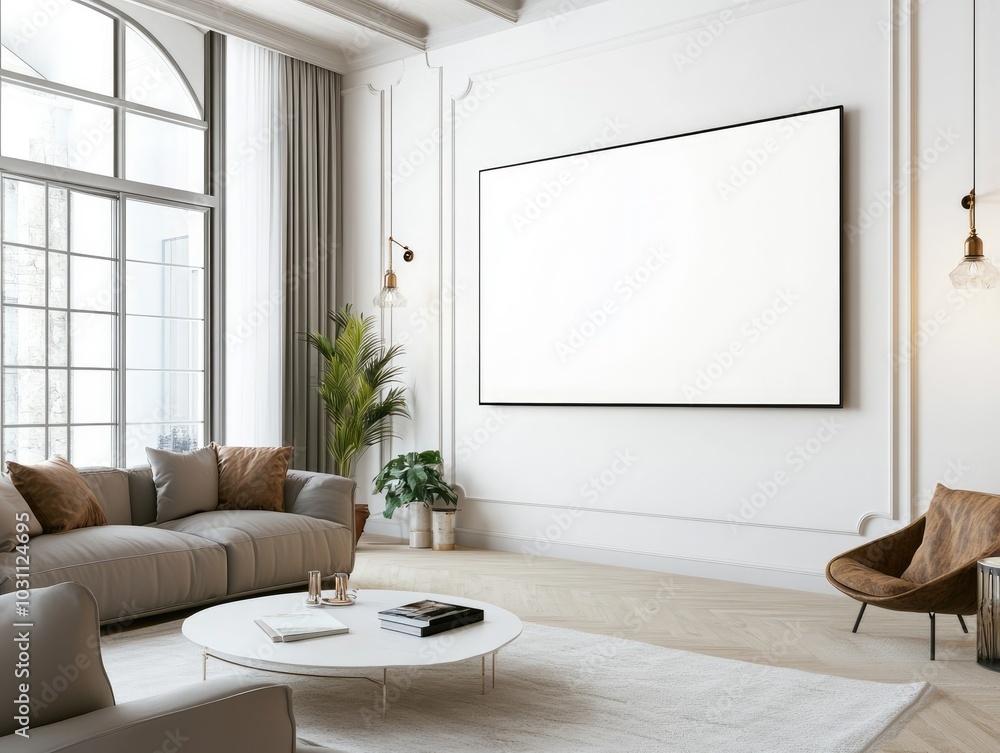 TV Mockup on White Wall in Spacious Modern Living Area TV Mockup on White Wall in Spacious Modern Living Area