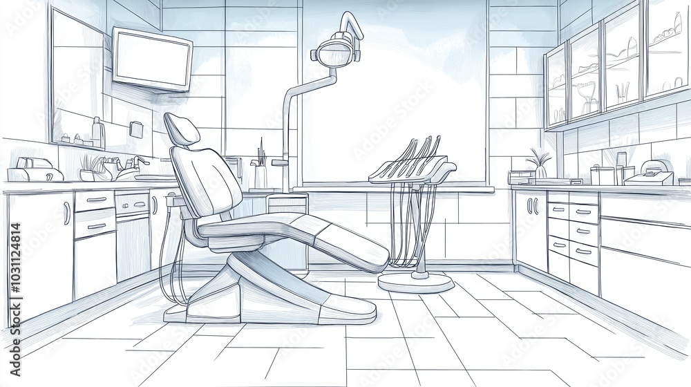 Blueprint-style illustration of a dental office featuring high-tech equipment, adjustable chairs, and organized cabinetry Blueprint-style illustration of a dental office featuring high-tech equipment, adjustable chairs, and organized cabinetry