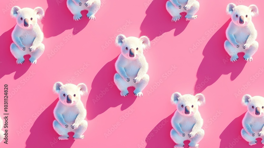 Playful Koala Shadows on Minimalist Pink Background - Isometric View with Humorous Tone Playful Koala Shadows on Minimalist Pink Background - Isometric View with Humorous Tone