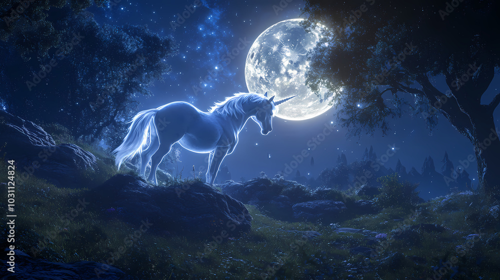 A majestic unicorn standing in a moonlit enchanted forest at night. generative ai. Silver Unicorn. Illustration A majestic unicorn standing in a moonlit enchanted forest at night. generative ai. Silver Unicorn. Illustration
