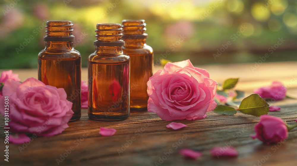 Three brown bottles of aromatherapy essential oil with pink rose de Mai flowers Three brown bottles of aromatherapy essential oil with pink rose de Mai flowers