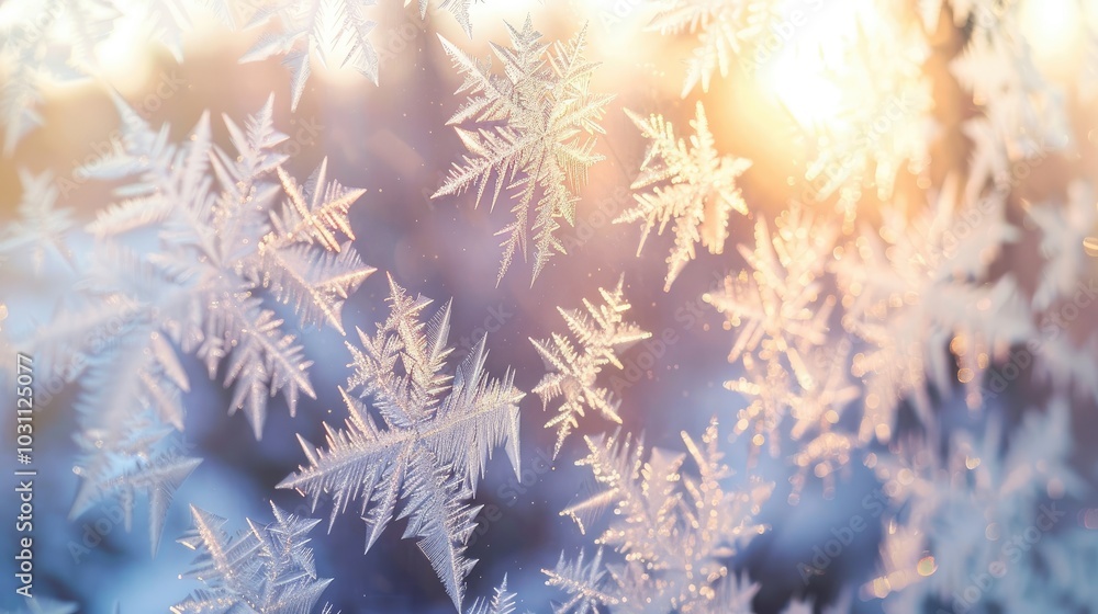 Close-up of frost on a window with intricate, delicate patterns Close-up of frost on a window with intricate, delicate patterns