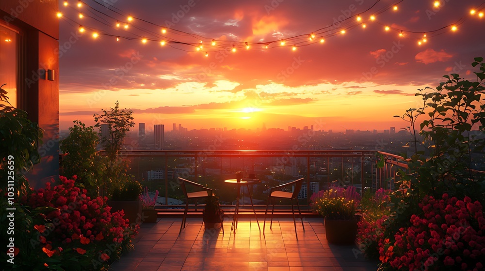 Naklejka premium A romantic rooftop balcony with a stunning sunset view over the city. Two chairs and a table are set up for enjoying the view, with string lights adding to the ambiance.