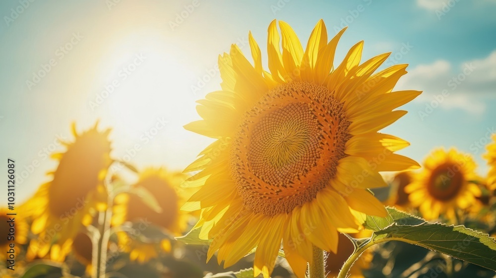 A close-up of a sunflower facing the sun in a field of sunflowers. A close-up of a sunflower facing the sun in a field of sunflowers.