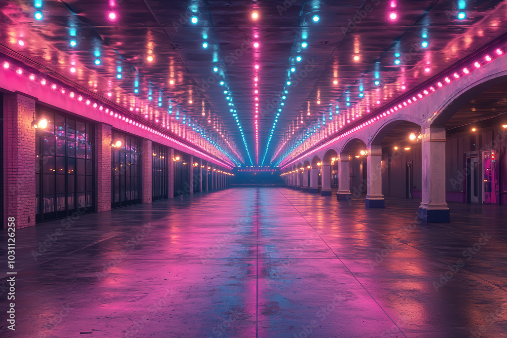 A retro roller rink party with disco lights and classic 90s music playing in the background. Concept of recreation. A retro roller rink party with disco lights and classic 90s music playing in the background. Concept of recreation.