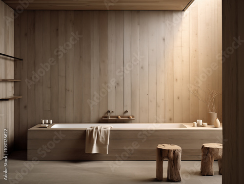 Simple minimalist wabi sabi bathroom in neutral colors with wood panneling. Wood panneling wall and minimalist bath. Clean look bathroom photo