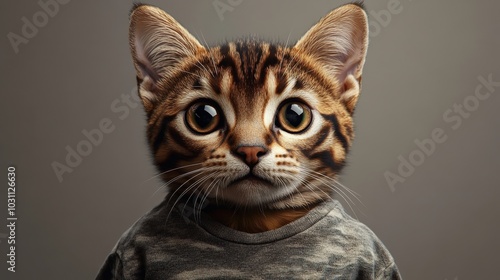 Vibrant Bengal Cat Print T-Shirt on Light Table with High Detail Realism for Stock Photography