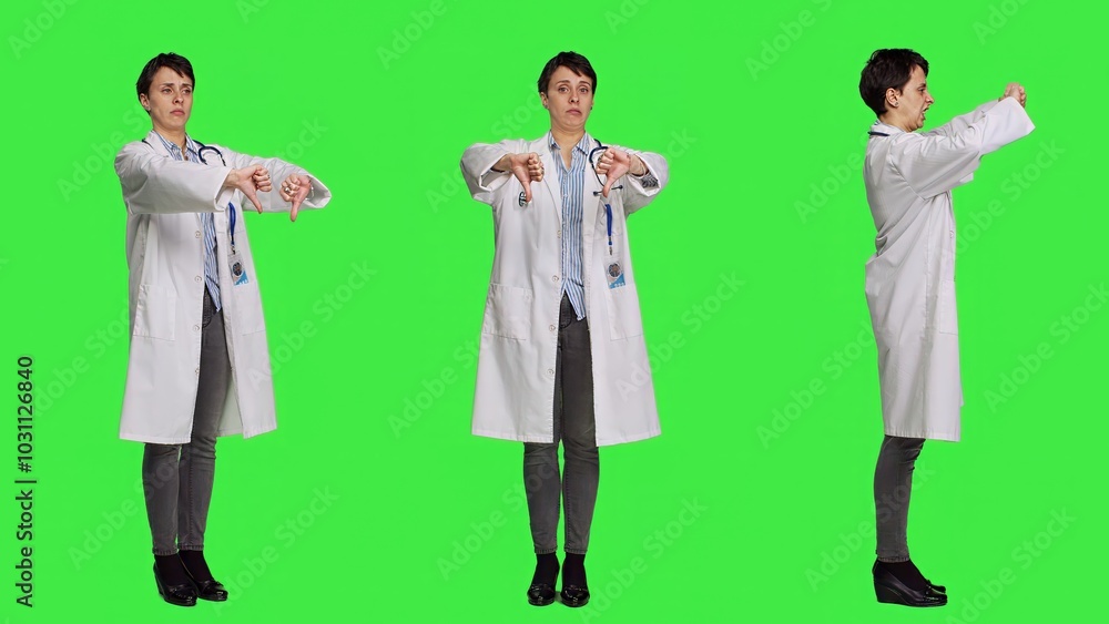 Displeased physician showing thumbs down symbol against greenscreen backdrop, expresses negativity and rejection. Doctor feeling dissatisfied and disagreeing with an idea, dislike sign. Camera A. Displeased physician showing thumbs down symbol against greenscreen backdrop, expresses negativity and rejection. Doctor feeling dissatisfied and disagreeing with an idea, dislike sign. Camera A.