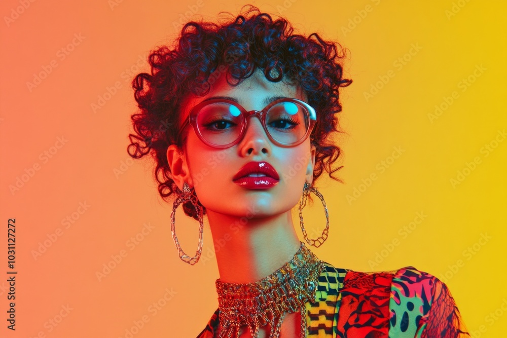 A young woman poses confidently in colorful fashion. Her curly hair and stylish glasses add flair. Bright colors enhance the vibrant mood. Perfect for fashion and beauty concepts. AI A young woman poses confidently in colorful fashion. Her curly hair and stylish glasses add flair. Bright colors enhance the vibrant mood. Perfect for fashion and beauty concepts. AI