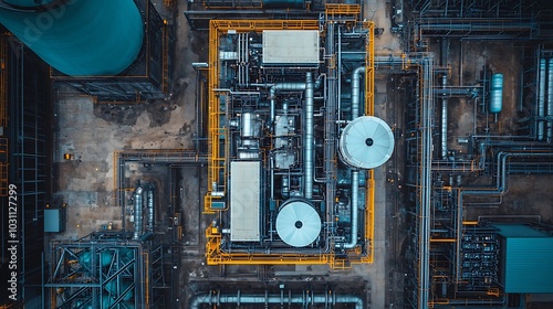 An aerial view of a hydrogen fuel cell installed in an industrial power plant, with pipes and energy monitoring equipment surrounding it. 