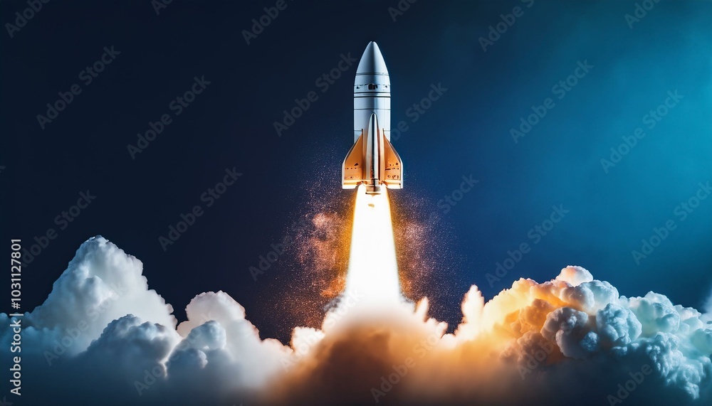 Fototapeta premium A space rocket launching with a burst of flames and smoke on a dark blue background, displaying the concept of innovation and exploration. Generative AI