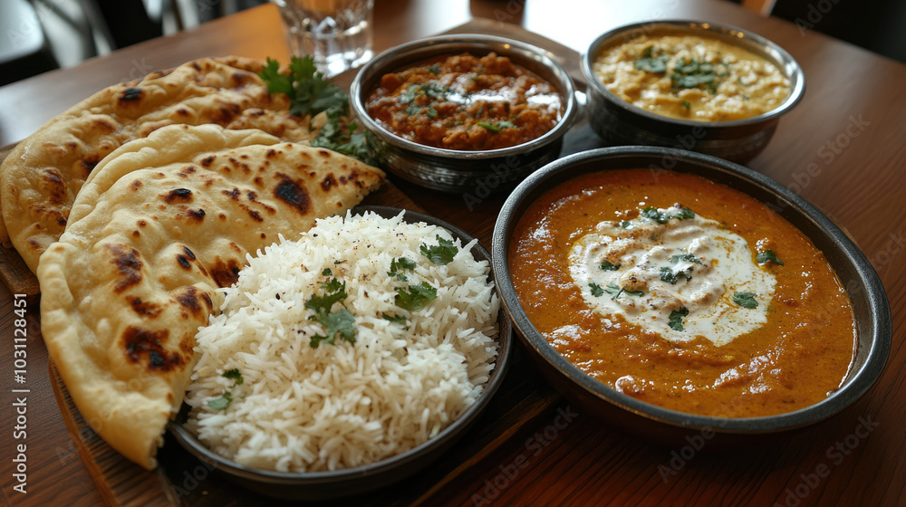 A table with a variety of Indian food, including rice, curry, and naan bread. The table is set with bowls and plates, and there is a glass of water nearby. Scene is inviting and delicious A table with a variety of Indian food, including rice, curry, and naan bread. The table is set with bowls and plates, and there is a glass of water nearby. Scene is inviting and delicious