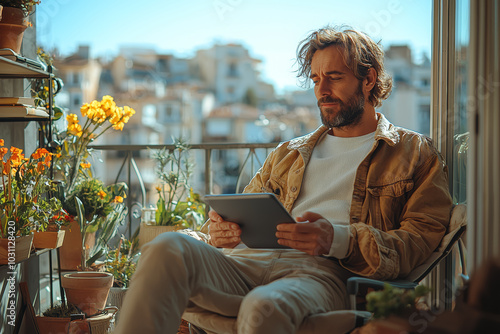 A man working from a tablet on his balcony, highlighting the flexibility of working remotely with modern devices. Concept of mobility.