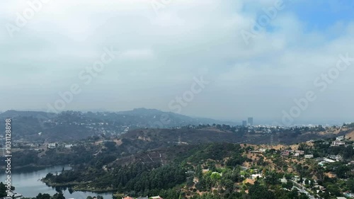 Stunning Aerial From Hollywood Hills Heading Towards Los Angeles