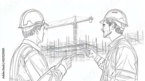 Construction Site With Crane and Workers Discussing Blueprint Plans