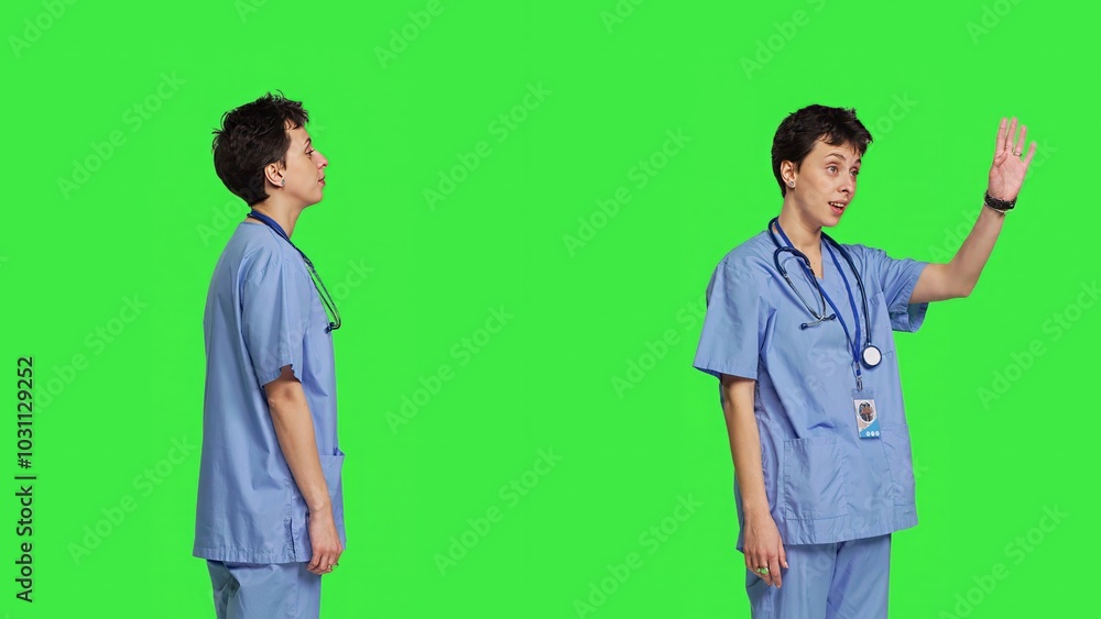 Woman nurse waving hello and inviting people to come closer, calling over patients for checkup examinations against greenscreen. Medical assistant greeting persons and asking them to come. Camera B. Woman nurse waving hello and inviting people to come closer, calling over patients for checkup examinations against greenscreen. Medical assistant greeting persons and asking them to come. Camera B.