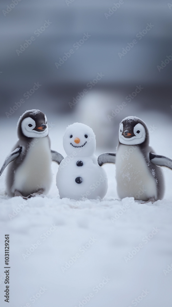 two small, cute, funny penguins hugging a snowman in the wildlife and nature during the winter season