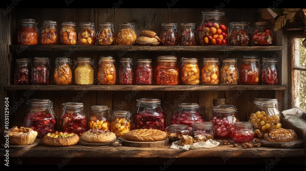 Jars of preserved fruits, vegetables, and nuts on wooden shelves, with homemade pies in front. Jars of preserved fruits, vegetables, and nuts on wooden shelves, with homemade pies in front.