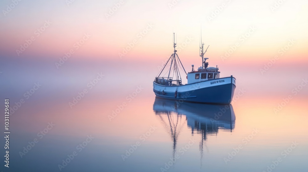 A small fishing boat sits still in the calm water of a misty lake at sunrise. The reflection of the boat and the pink and orange sky are clearly visible. A small fishing boat sits still in the calm water of a misty lake at sunrise. The reflection of the boat and the pink and orange sky are clearly visible.