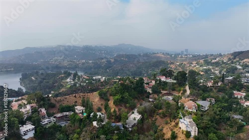 Stunning Aerial View of Hollywood Hills towards Mulholland Dam and Hollywood Reservoir