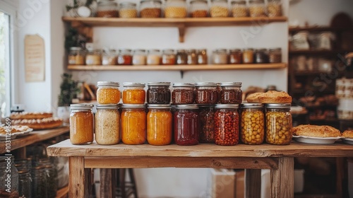 Glass jars filled with various food products are displayed on a wooden table in a small grocery store.