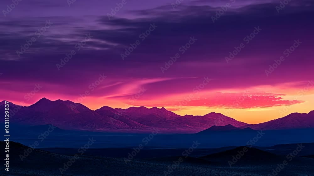 A vibrant sunset paints the sky over a distant mountain range A vibrant sunset paints the sky over a distant mountain range