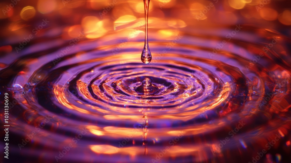 A single drop of water falls into a pool of water, creating ripples and reflections of light. A single drop of water falls into a pool of water, creating ripples and reflections of light.